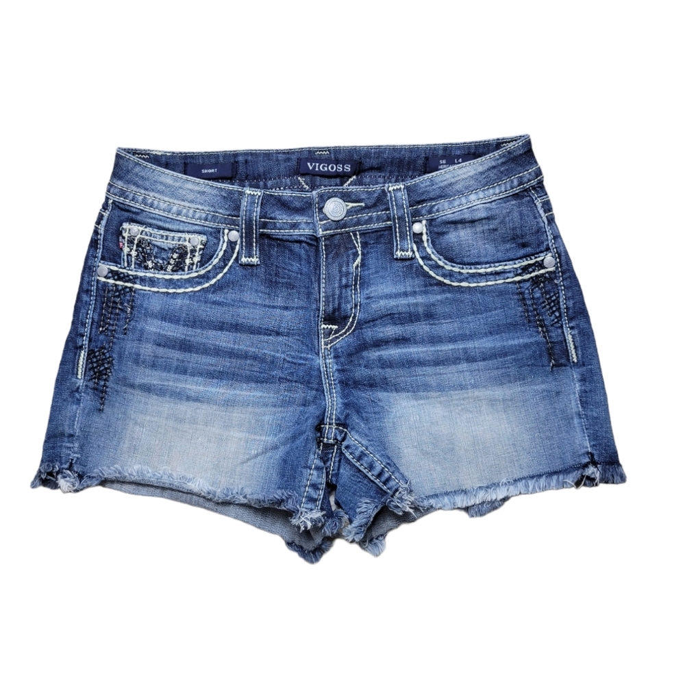 Vigoss Denim Destressed Freyed Medium Wash Heritage Fit Jean Shorts